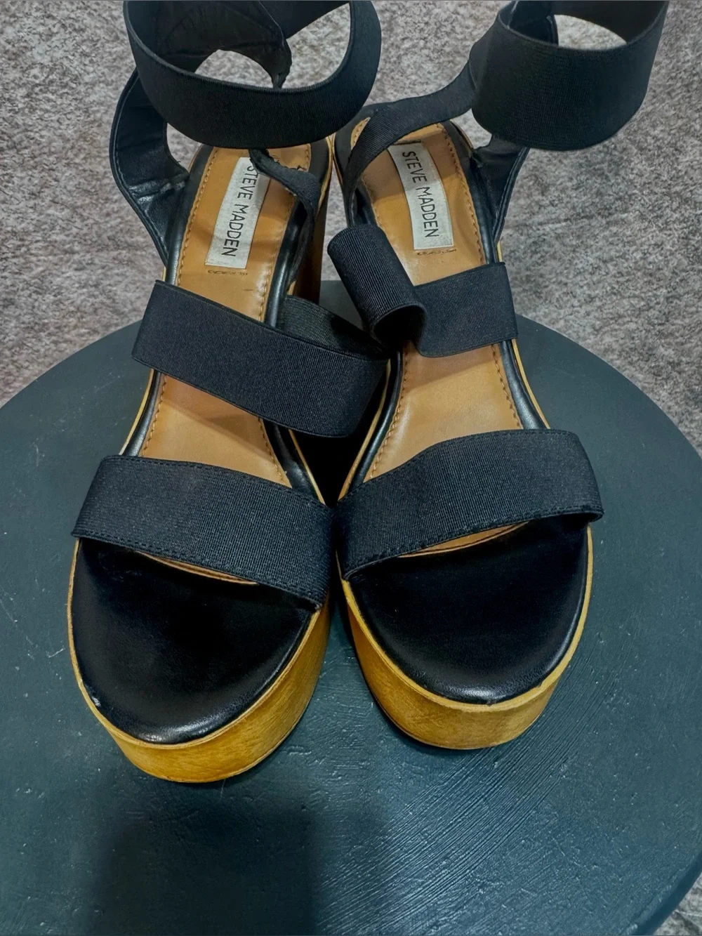 Steve Madden 9.5 Black Elastic Strap Sandals with Wood 5” Platform Wedge